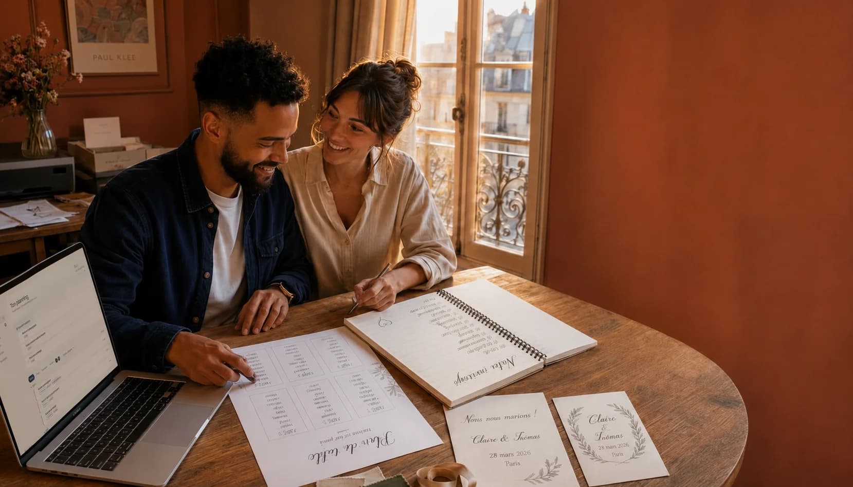 A couple planning their wedding together, at home.