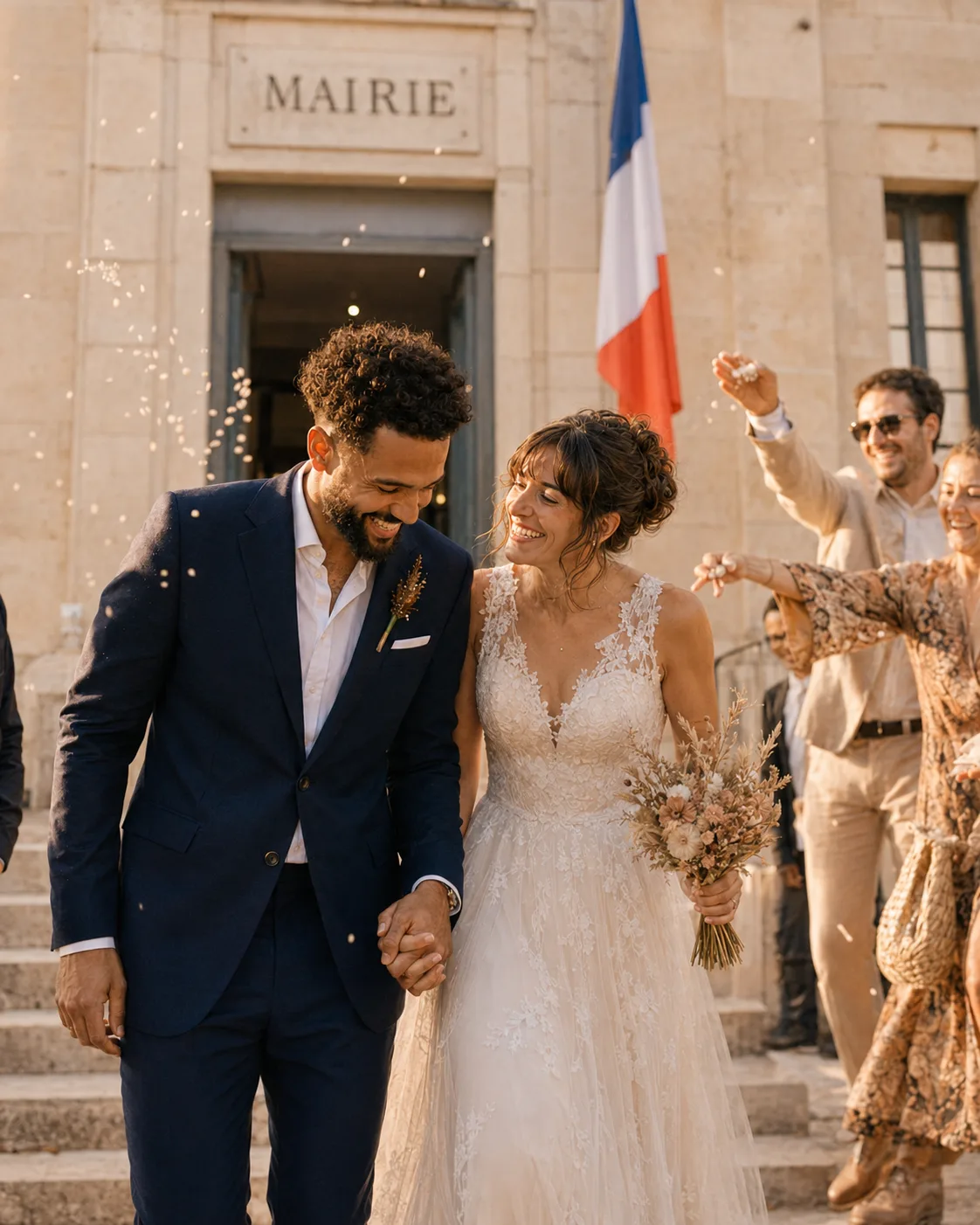 A couple leaving the town hall after the civil ceremony, with a few loved ones nearby.