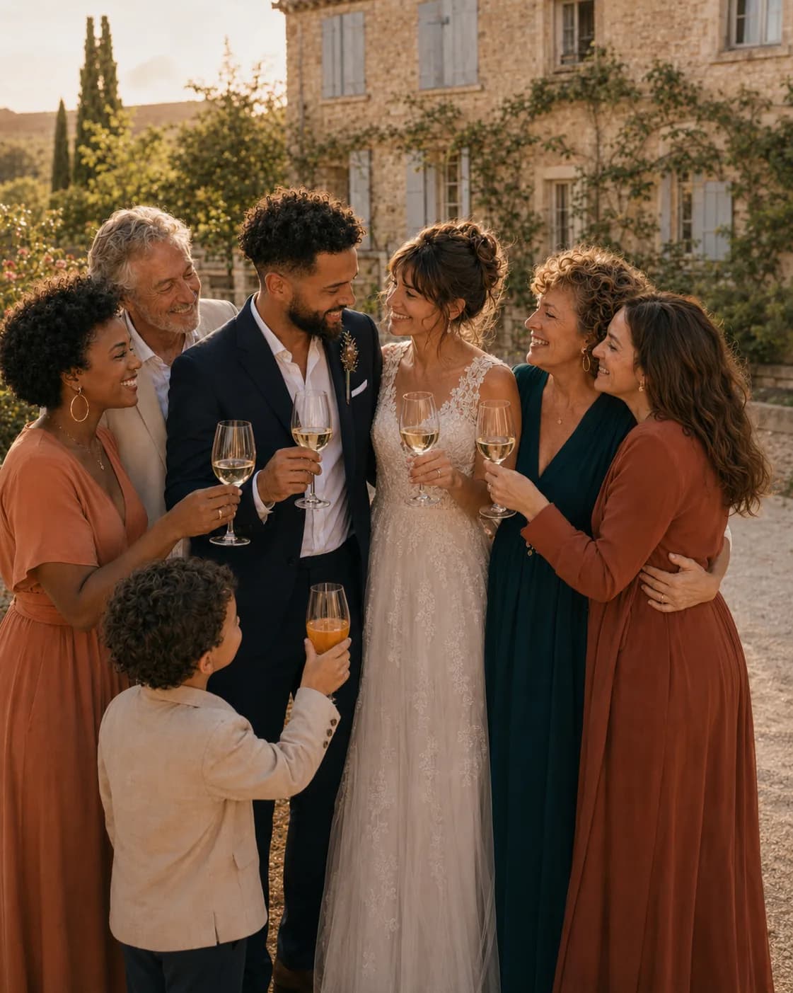 A couple toasting at the reception drinks, surrounded by their guests.