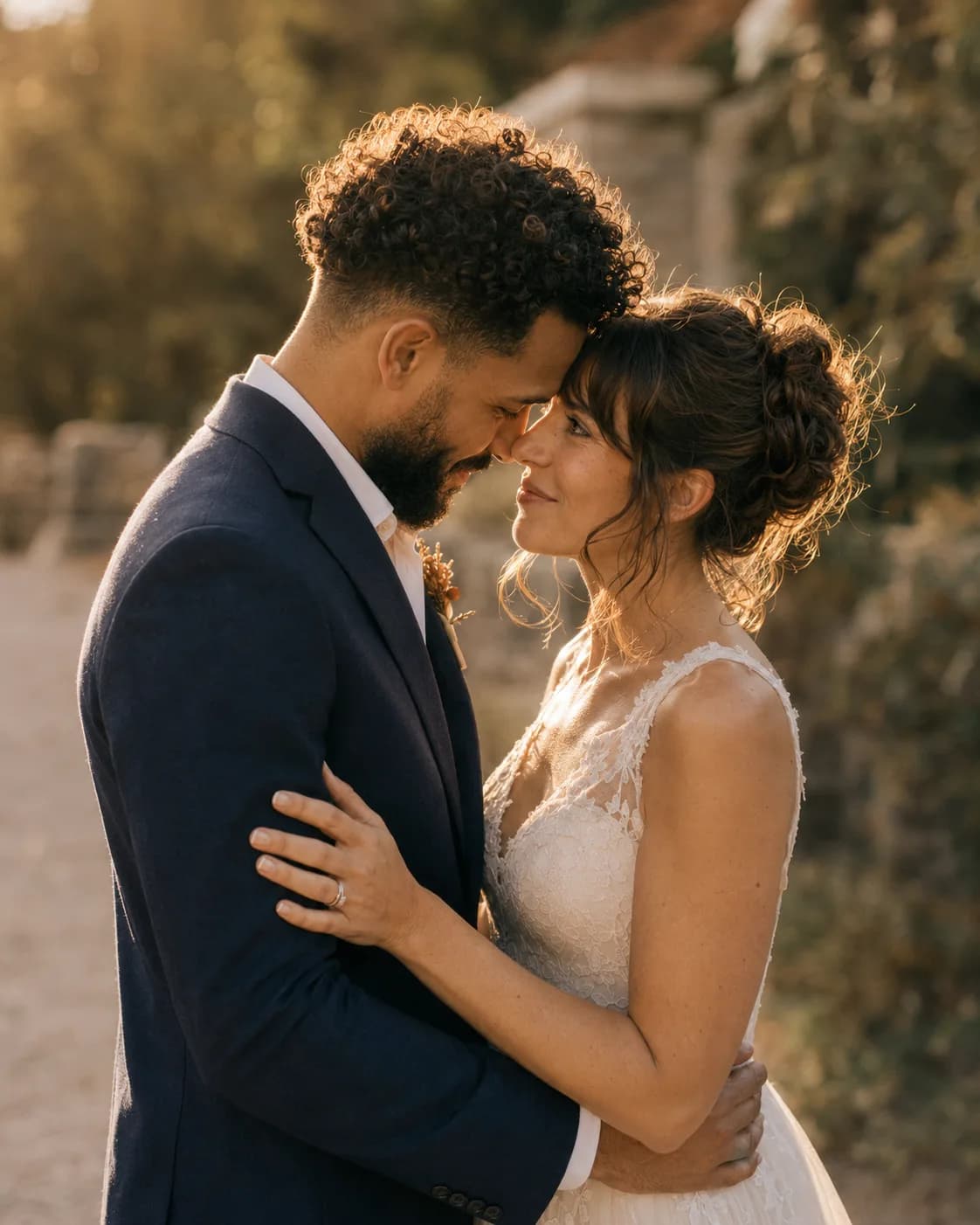 A couple sharing a quiet moment alone, away from the reception, on their wedding day.